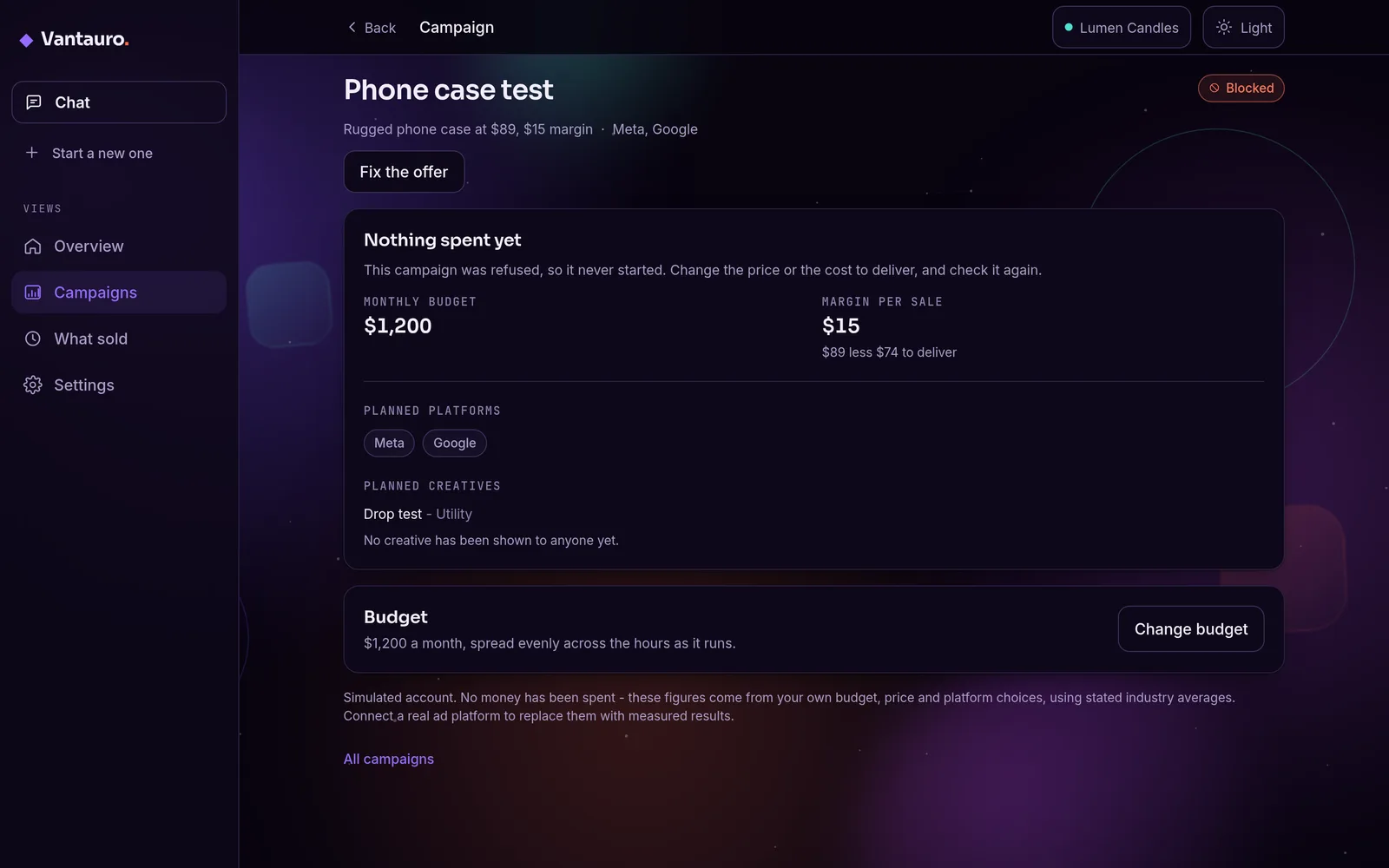 A refused campaign: a phone case at $89 with $15 left after the cost of delivering it, marked blocked, nothing spent, and one button offering to fix the offer.