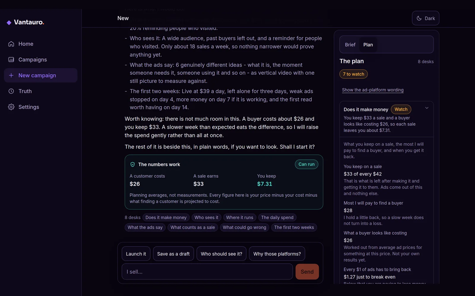 The Vantauro conversation: a plan for a candle shop with the daily spend, who sees it, what the ads say and the first two weeks, beside a panel holding all eight desks.