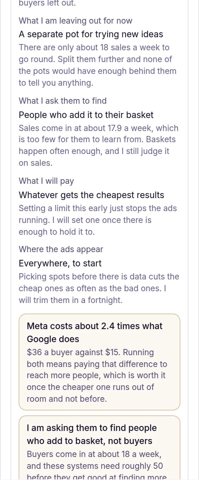 The plan panel: eight sections, each opening to show the reasoning behind the decision, with the ad-platform wording one tap away.